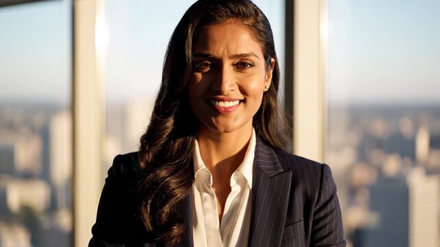 Confident businesswoman in tailored suit near large window with city skyline background