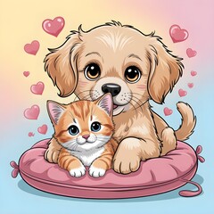 Fototapeta premium Playful puppy and kitten on pink cushion