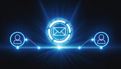 Digital Connection: A captivating digital depiction illustrating the seamless exchange of electronic communication. The central motif is a vibrant email icon, which is set between two human figures.