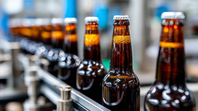 factory bottling line where capped bottles loop back to filling station, stainless steel machinery