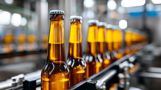 factory bottling line where capped bottles loop back to filling station, stainless steel machinery