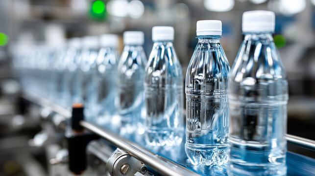 factory bottling line where capped bottles loop back to filling station, stainless steel machinery