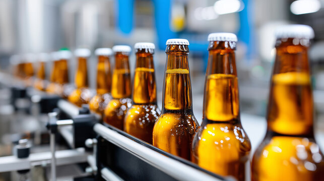 factory bottling line where capped bottles loop back to filling station, stainless steel machinery
