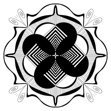 Mandala geom&eacute;trica com la&ccedil;os curvos e quadrado conc&ecirc;ntrico central, criando efeito gr&aacute;fico moderno para colorir