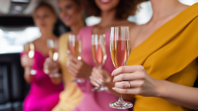 Group of women in colorful dresses having fun faceless, drinking champagne inside luxurious limousine interior, celebration, defocused background, with copy space