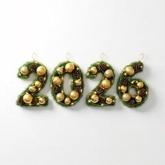 Festive 2026 Numbers Made of Christmas Garland and Golden Ornaments