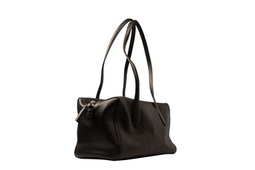 Black leather bag isolated on white background. Satchel bag.