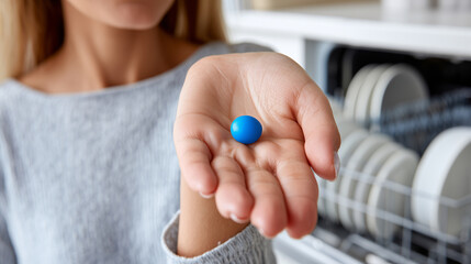 Naklejka premium Close-up of an open woman's hand. In the centre of the hand, a blue dishwasher tablet. In the background, blurred, a dishwasher rack with plates. photorealistic photoshoot
