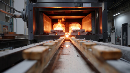industrial kiln track looping ceramic pieces repeatedly through firing chambers