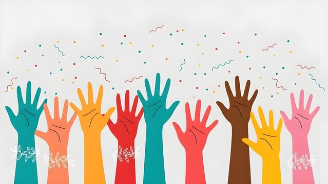 Diverse hands raised in unity and celebration with confetti