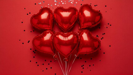 Red Heart Balloons on Vibrant Red Background with Confetti