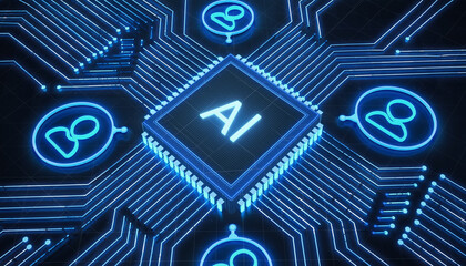 Obraz premium Futuristic Fusion: A digital masterpiece showcasing the synergy of AI and the human element. The core processor is at the center, radiating glowing light.