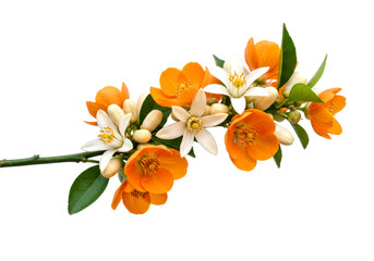 Orange blossoms and orange flowers bloom beautifully on a vibrant green branch, showcasing their delicate petals and fresh leaves.