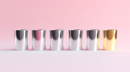 Fototapeta premium A row of metal containers reflects light on a pink backdrop. Shiny surfaces create contrast. A simple yet eye-catching arrangement with a sleek and modern aesthetic.