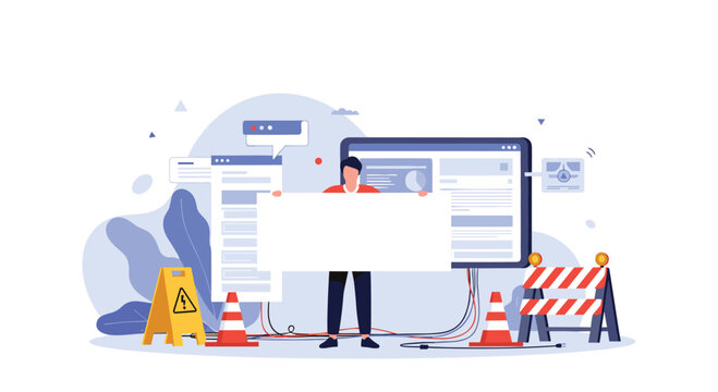 Man holding a blank white sign for custom text in front of a website interface with under construction signs and warning barriers.