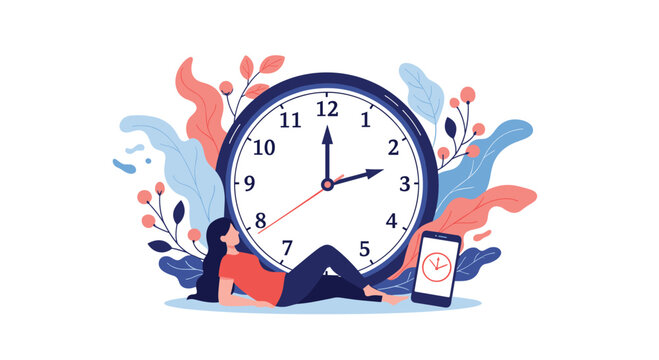 Woman relaxing next to a large clock representing time management daylight saving or taking a break from a busy daily schedule. - Powered by Adobe