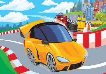 Cartoon scene with racing car on the track sports car near the city illustration for children