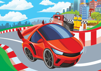 Cartoon scene with racing car on the track sports car near the city illustration for children