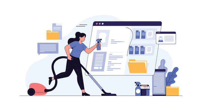 A woman cleans a large computer interface with a vacuum and spray bottle symbolizing data cleaning system optimization and digital hygiene.