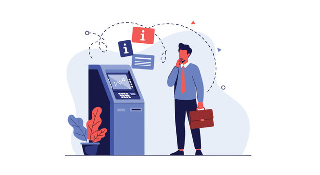 A pensive businessman in a suit uses an ATM with a stock market graph on the screen for financial transactions and information.