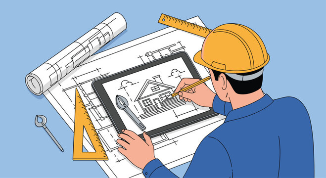 An architect in a hard hat uses a digital tablet to draw house blueprints at a desk with traditional drafting tools.