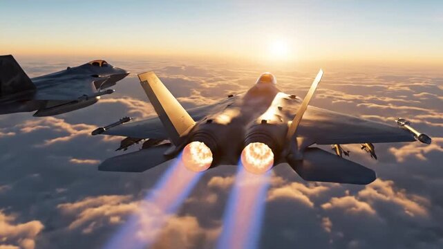 Military jets flying through clouds with vapor trails during golden hour aerial view