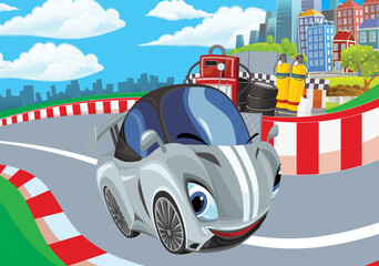Cartoon scene with racing car on the track sports car near the city illustration for children