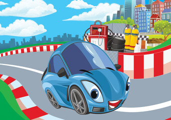 Cartoon scene with racing car on the track sports car near the city illustration for children