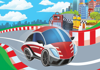 Cartoon scene with racing car on the track sports car near the city illustration for children