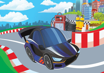 Cartoon scene with racing car on the track sports car near the city illustration for children
