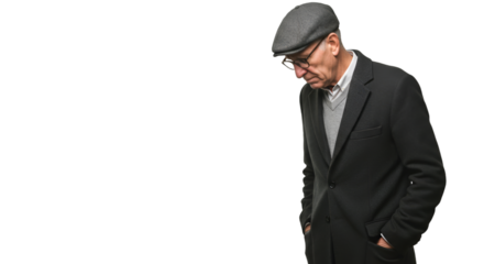 Man wearing black suit and gray cap looking down, Isolated On Transparent Background