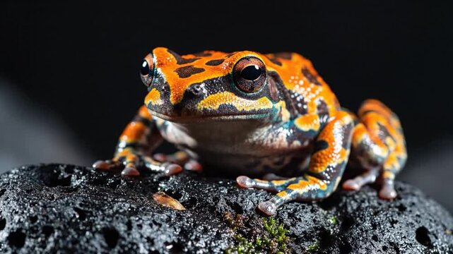 Close up of vibrant orange frog with black markings perched on a textured black rock nature wildlife