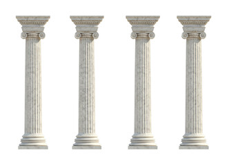 Four classical marble columns with intricate Ionic capitals stand tall in a row, showcasing ancient architectural design and timeless elegance.