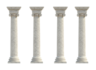 Four classical marble columns with intricate Ionic capitals stand tall in a row, showcasing ancient architectural design and timeless elegance.