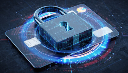 Protecting Transactions: A futuristic portrayal of digital security, a credit card is shielded by a high-tech lock, symbolizing secure financial transactions.