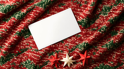 Festive, cozy season's greetings! Red and green patterned knit background with a blank white card and a handmade star garland. Perfect for holiday messages & designs.