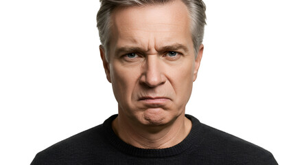Obraz premium Angry middle aged man with grey hair and black t-shirt, Isolated On Transparent Background