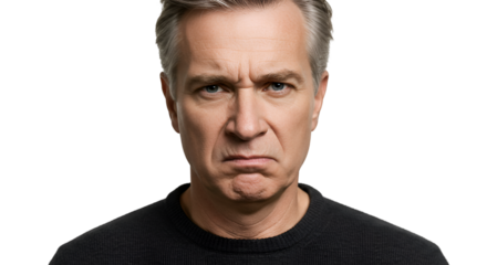 Angry middle aged man with grey hair and black t-shirt, Isolated On Transparent Background