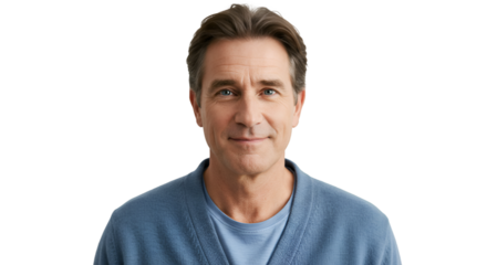 Smiling middle-aged man in blue sweater and t-shirt, Isolated On Transparent Background