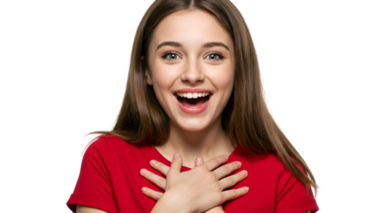 Smiling young woman in red t-shirt with hands on chest, Isolated On Transparent Background