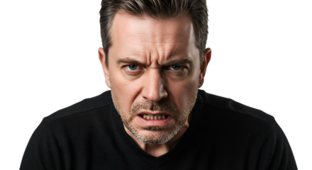 Angry middle aged man with furrowed brow and intense expression, Isolated On Transparent Background