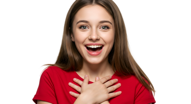 Smiling young woman in red t-shirt with hands on chest, Isolated On Transparent Background - Powered by Adobe