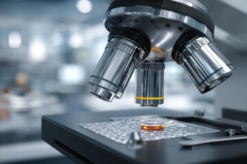 Fototapeta premium Closeup view of a microscope with an illuminated slide in a medical research lab showcasing advanced scientific inquiry and exploration