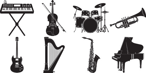 Set of musical instruments vector illustrations including piano, guitar, violin, drum kit and saxophone