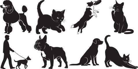 Domestic pets silhouette collection featuring various breeds of cats and dogs in playful activities