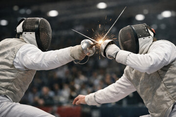 A dynamic photorealistic scene of a fencing match. Two athletes in protective masks and white uniforms attack each other on the track, their foils clashing in the center of the frame
