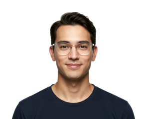 Young man wearing clear framed glasses smiling confidently while looking directly at the camera, portraying a smart and friendly demeanor.