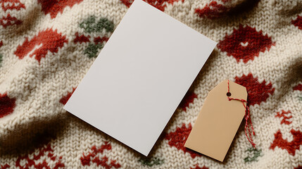 Cozy warmth of winter knit meets a pristine card and simple tag. An invitation for personal messages. Blank slate of paper on a festive knit, next to tag tied with string.