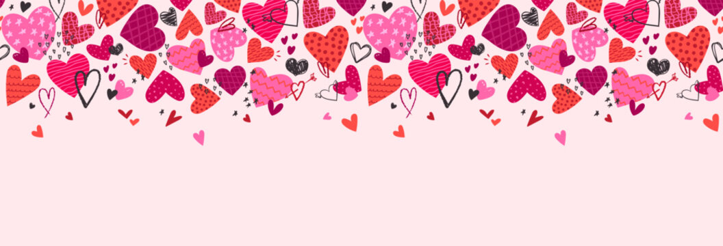 Seamless vector border with hand drawn hearts and textured doodle details. Festive Valentine's Day banner for greeting cards, gift packages, fabric prints, stationery design, love themed graphics