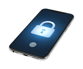 Modern smartphone displays a glowing padlock icon on its screen, symbolizing digital data protection and biometric authentication with a fingerprint.
